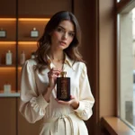 Femme élégante tenant un flacon de parfum Gissah dans une boutique de luxe parisienne