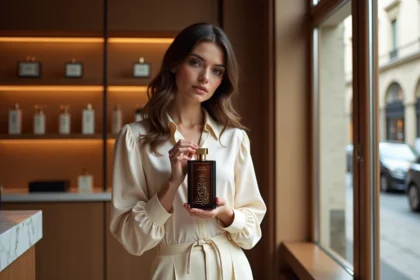 Femme élégante tenant un flacon de parfum Gissah dans une boutique de luxe parisienne