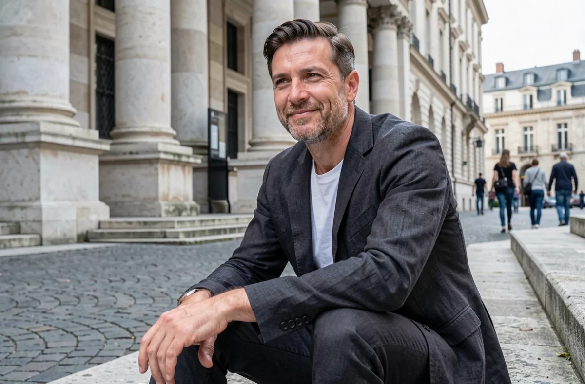 Acteur séduisant assis sur les marches d'un théâtre européen, regard contemplatif, style reportage éditorial