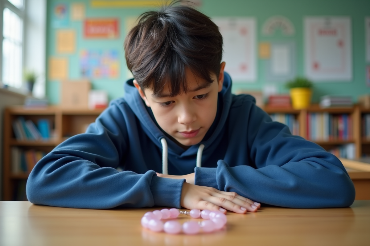 Adolescent regardant un bracelet en quartz rose sur une table