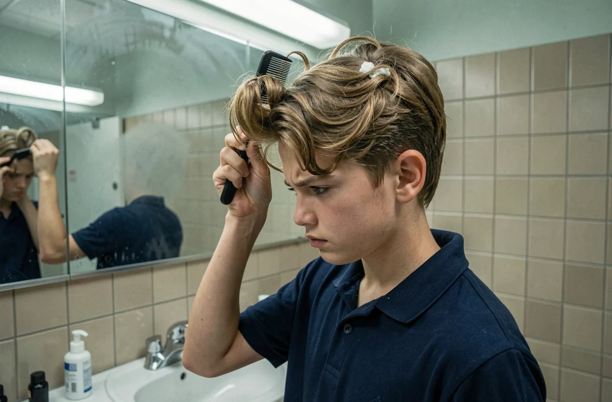 Jeune garçon de 14 ans avec des cheveux épais et un tourbillon tentant de les coiffer dans les toilettes de son école avec une crème coiffante