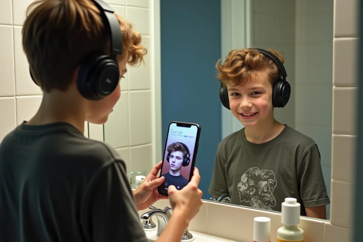 Adolescent essayant des coupes de cheveux avec une application AR dans la salle de bain