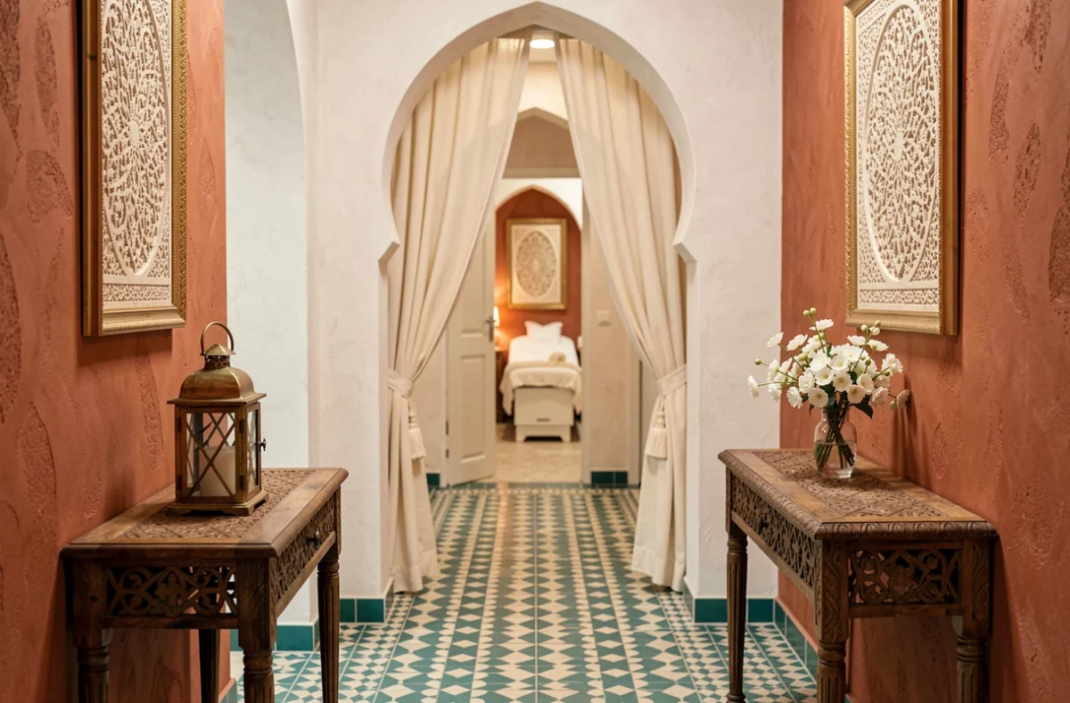 Couloir élégant de l'institut Alhena avec carrelage mosaïque et décor aux influences orientales