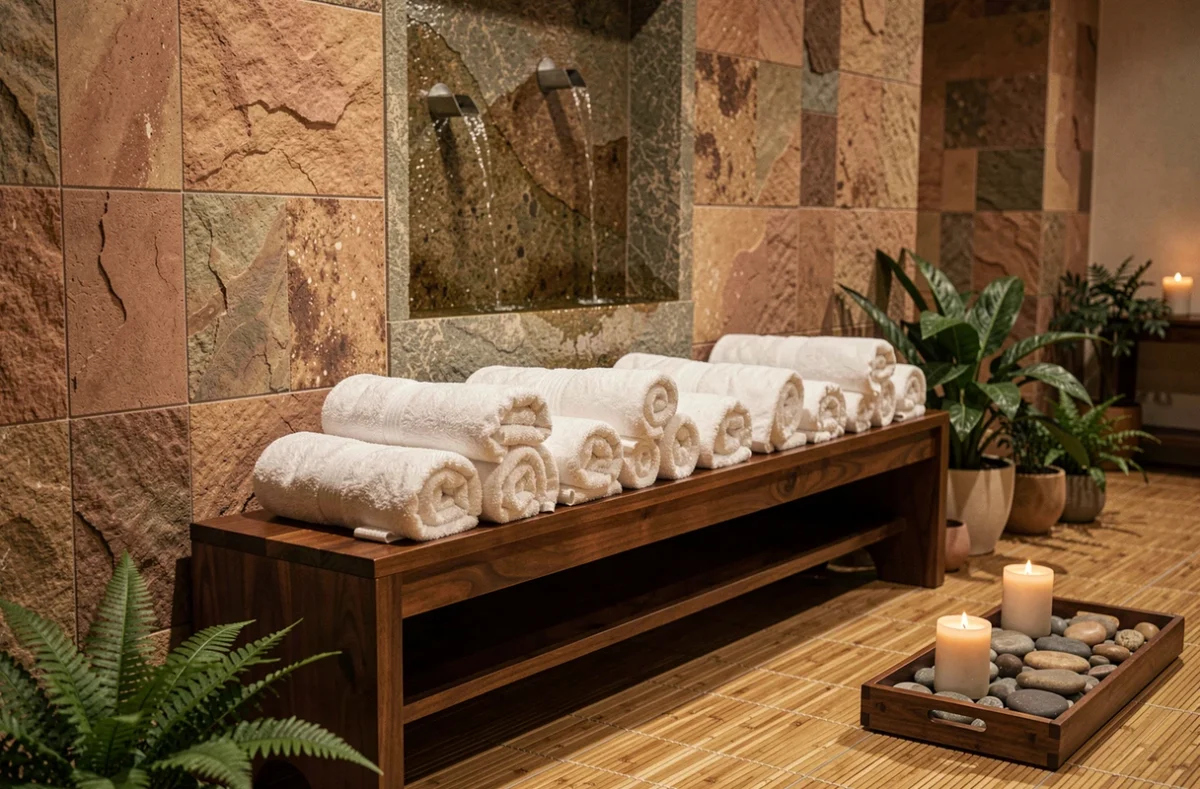 Espace détente zen de l'Ambiance Spa avec décor naturel et serviettes roulées