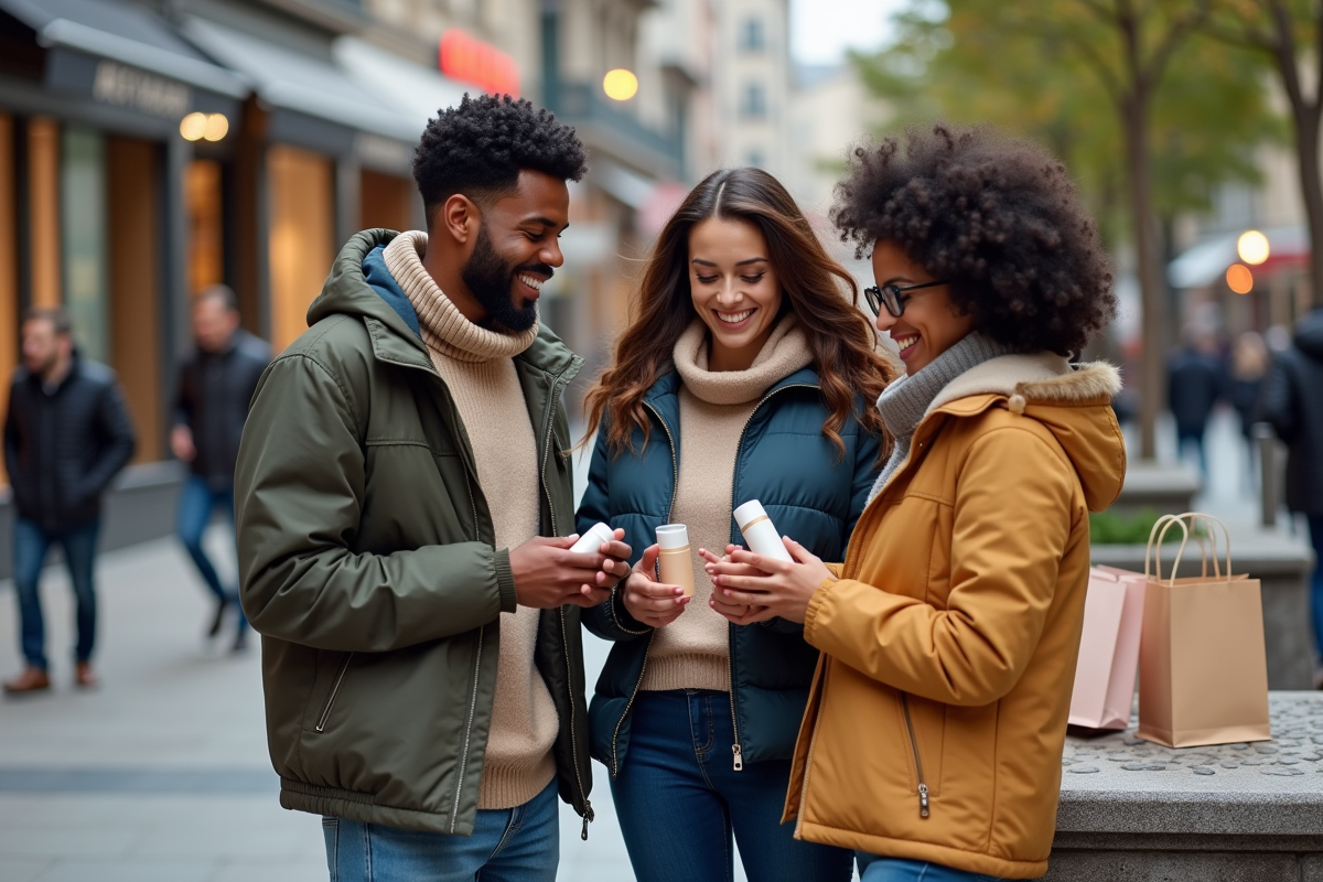 Trois amis comparant des produits cosmétiques en ville