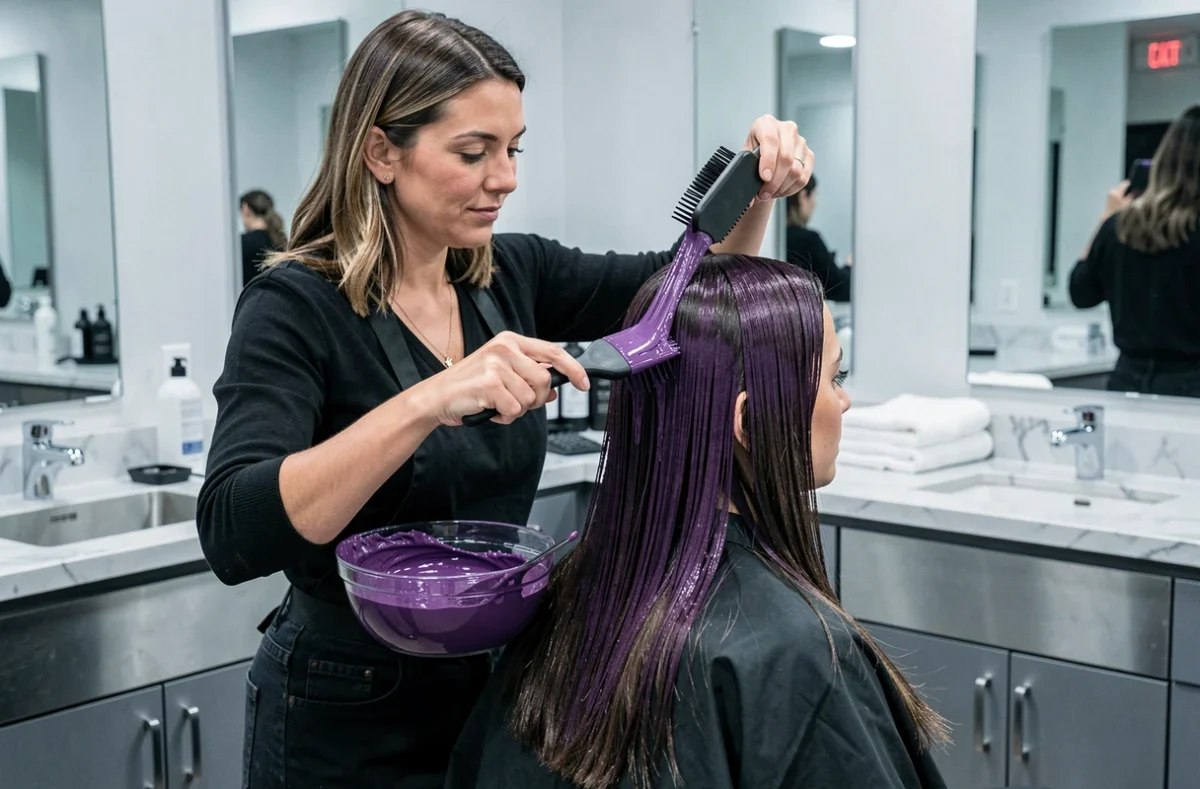 Coiffeuse professionnelle appliquant un soin colorant violet foncé sur les longueurs d'une cliente en salon
