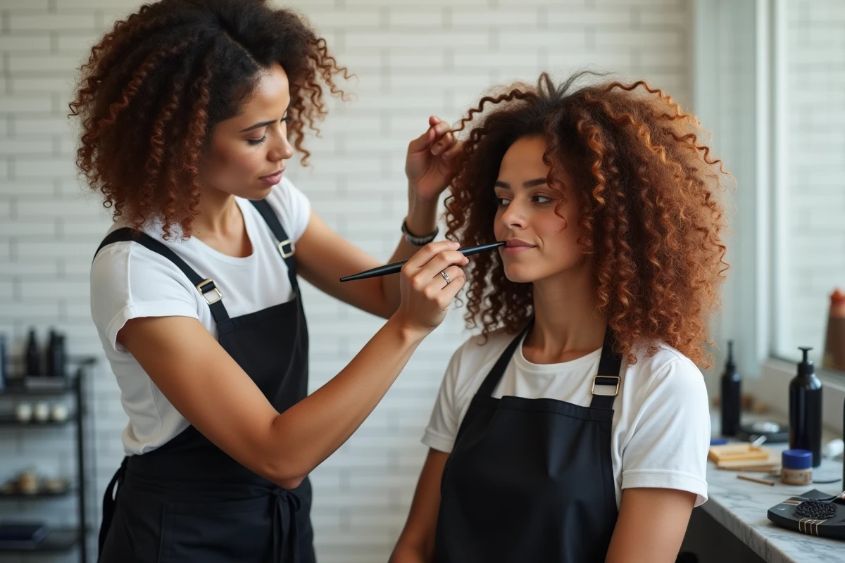 Coiffeuse appliquant un dégradé espagnol sur des cheveux bouclés avec un pinceau de coloration