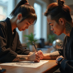 Artiste japonais dessinant un tatouage traditionnel sur un bras