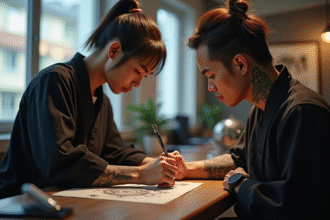 Artiste japonais dessinant un tatouage traditionnel sur un bras