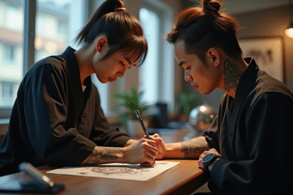 Artiste japonais dessinant un tatouage traditionnel sur un bras