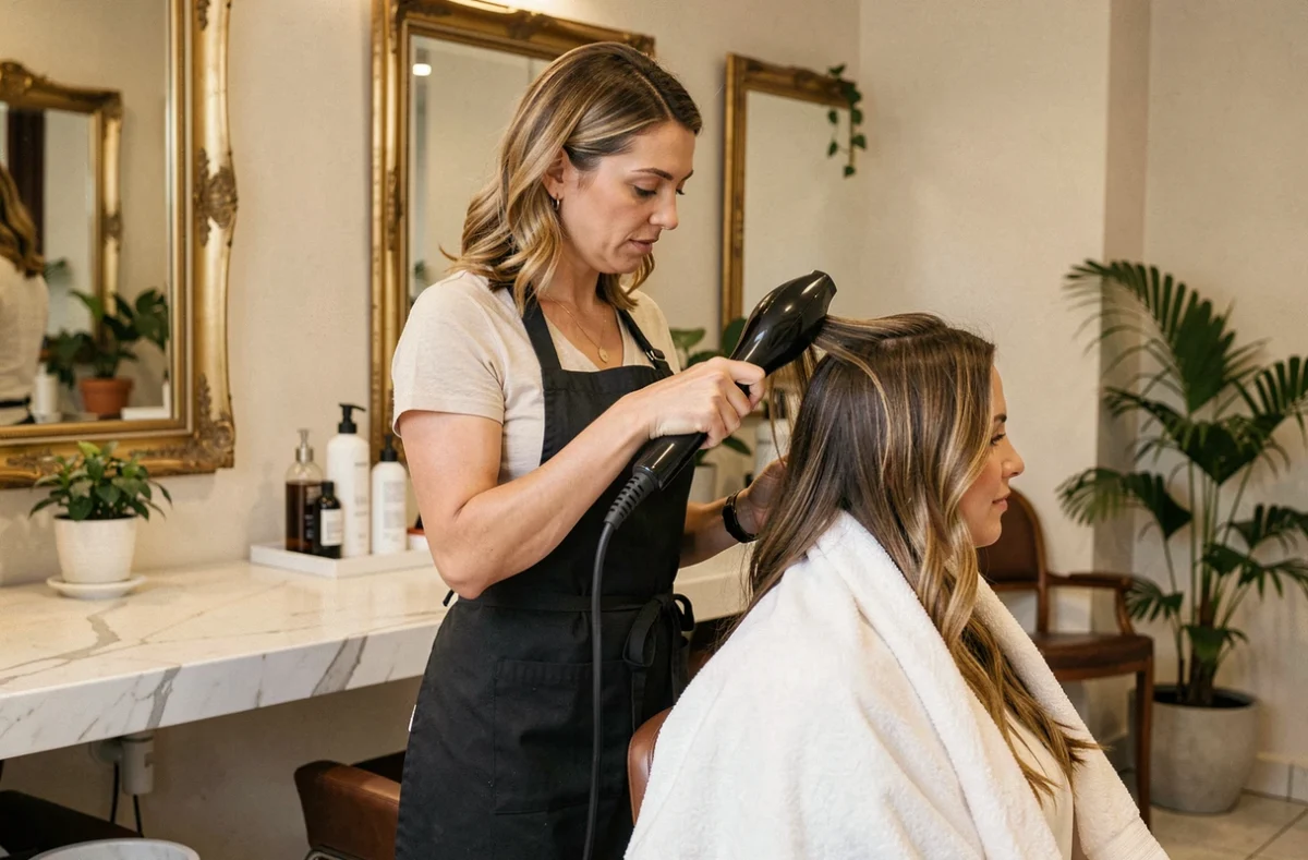 Coiffeuse professionnelle soufflant les cheveux d'une cliente à l'Atelier de Coiffure Valérie Hebda à Montpellier