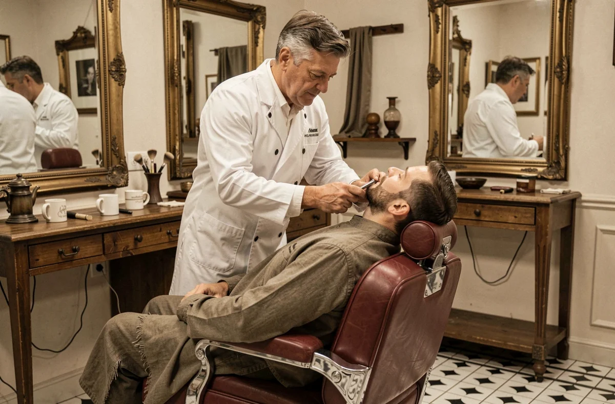 Barbier d'Au Fil du Rasoir à Orléans effectuant un rasage traditionnel au coupe-chou dans un décor vintage