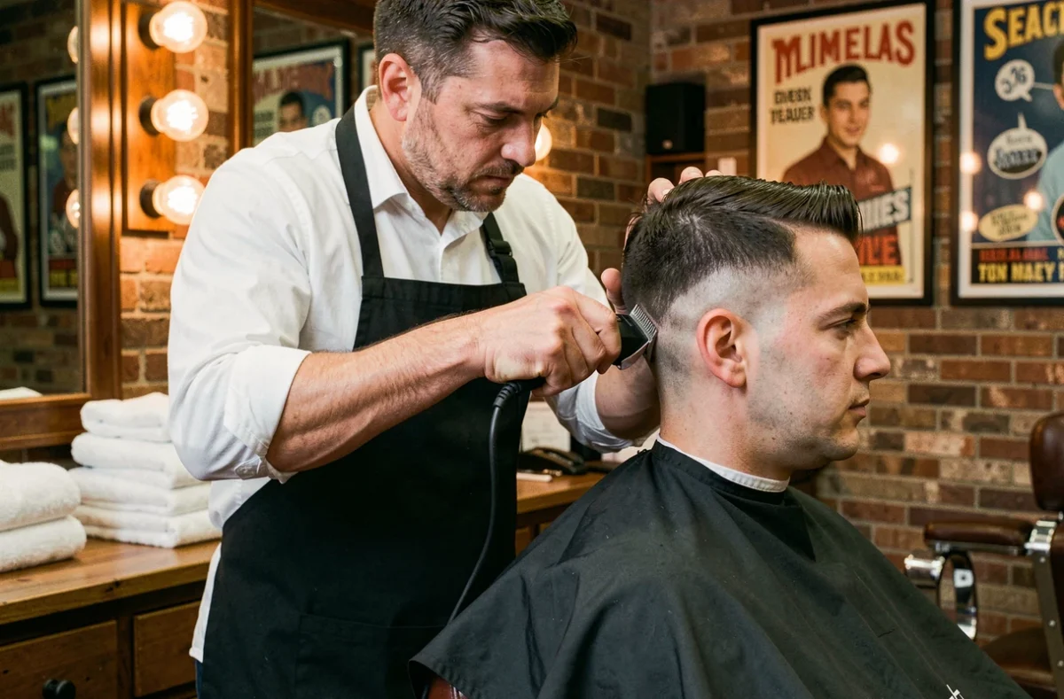 Barbier professionnel réalisant un dégradé en V fondu sur la nuque d'un client en salon