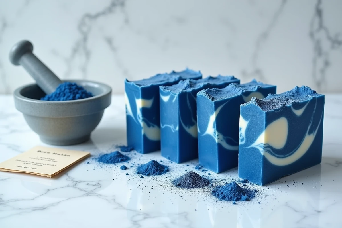 Barres de savon Nila bleu artisanal coupées révélant leur intérieur marbré indigo sur un comptoir en marbre blanc