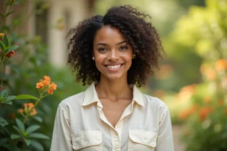 Femme confiante aux traits naturels dans un jardin botanique, illustrant la beauté féminine selon les études scientifiques