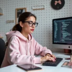 Blogueuse beauté geek à son bureau avec produits cosmétiques et équipement tech en 2026
