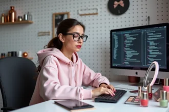 Blogueuse beauté geek à son bureau avec produits cosmétiques et équipement tech en 2026