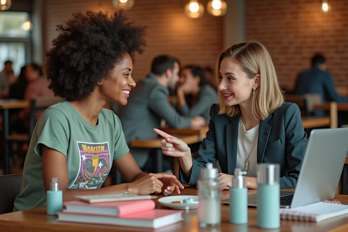 Deux blogueuses beauté geek en discussion dans un café autour de laptops et produits cosmétiques