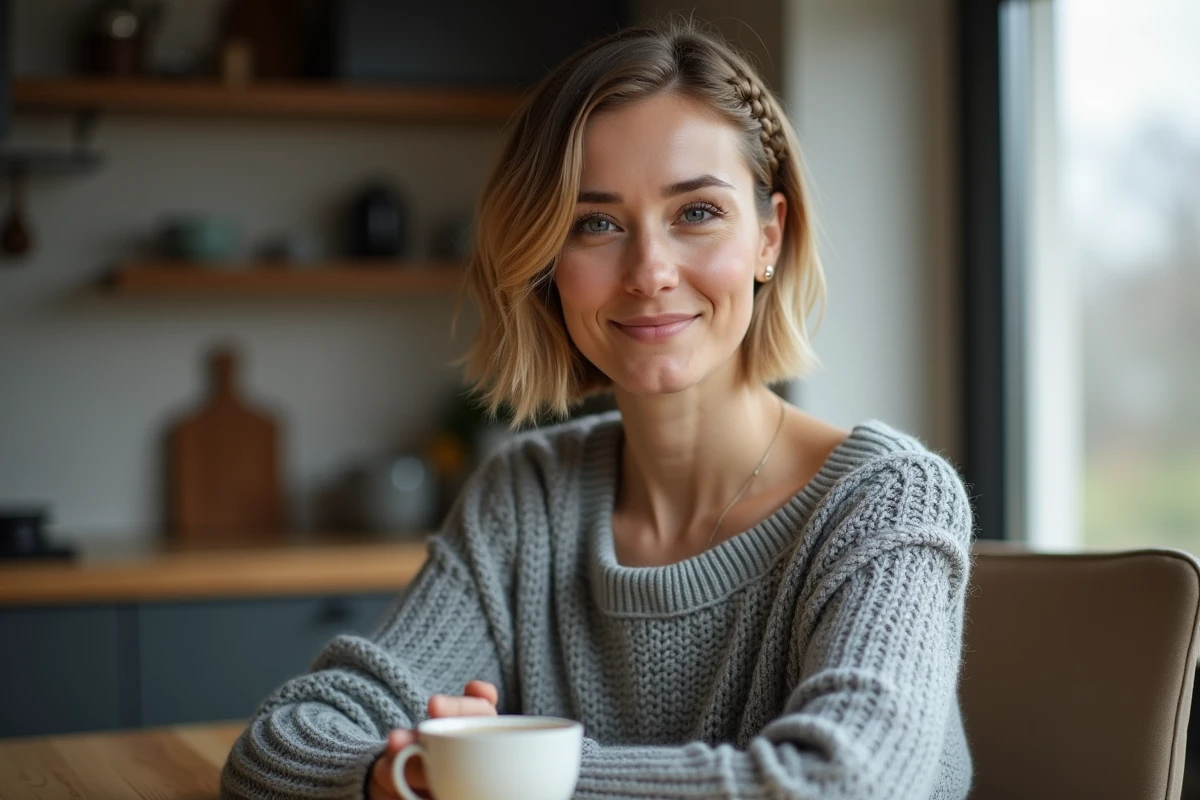 Femme avec un bob court et des tresses fines sur les côtés installée dans une cuisine moderne lors d'une matinée rapide