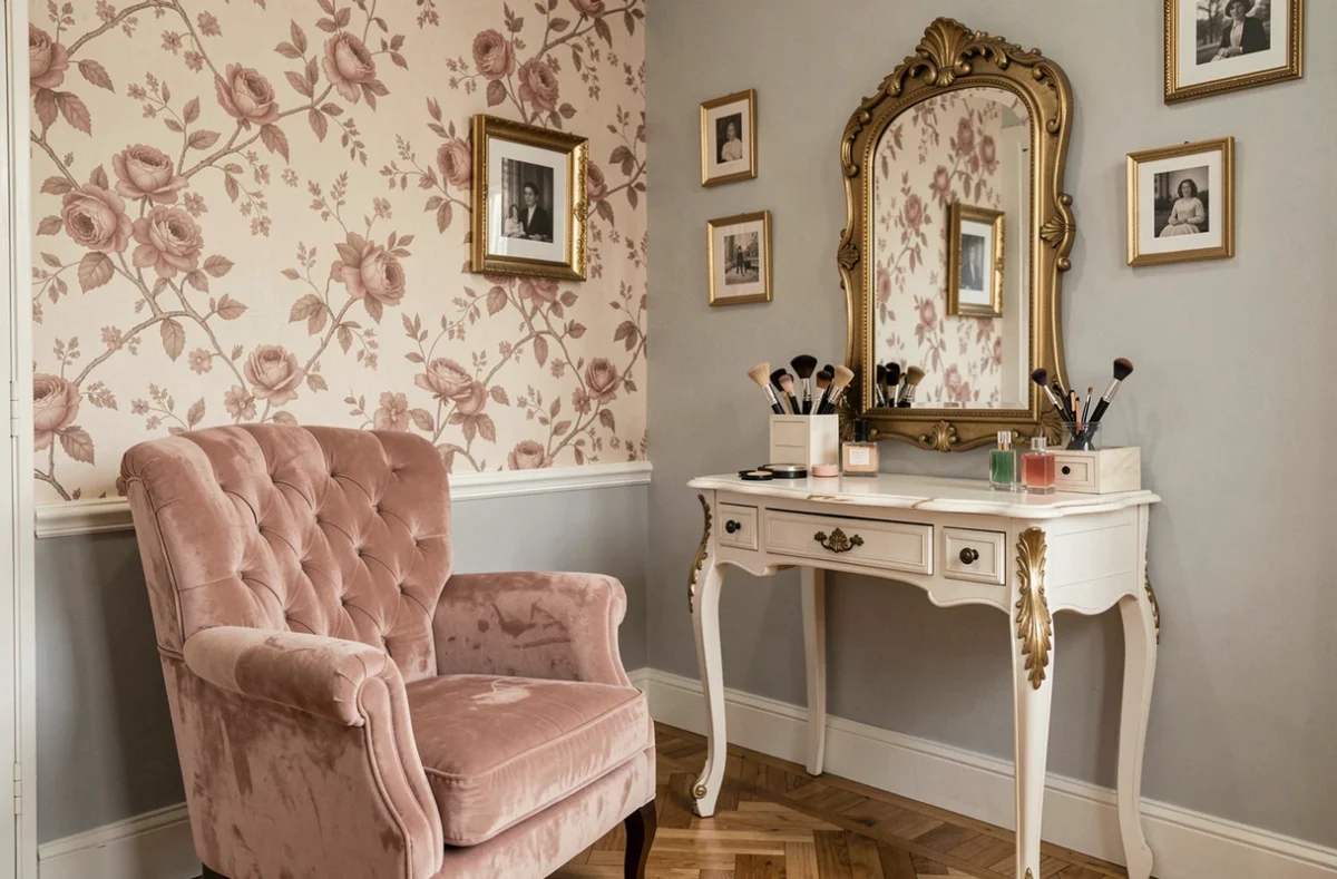 Intérieur boudoir chic du salon Le Boudoir de Jeanne avec velours et miroir doré
