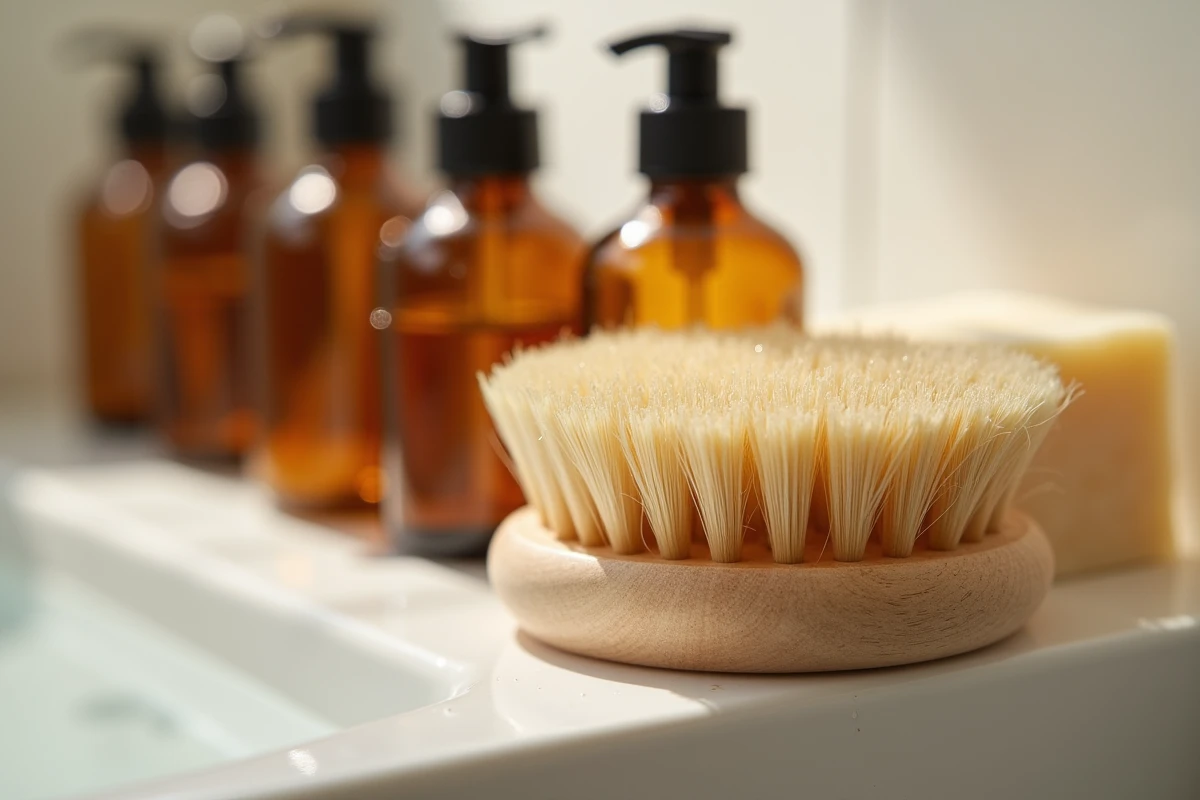 Brosse de massage corporelle en bois avec soies naturelles posée sur une étagère de douche avec accessoires de soin