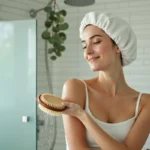 Femme utilisant une brosse massante sous la douche pour stimuler la microcirculation sur l'avant-bras