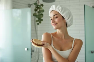 Femme utilisant une brosse massante sous la douche pour stimuler la microcirculation sur l'avant-bras