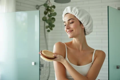 Femme utilisant une brosse massante sous la douche pour stimuler la microcirculation sur l'avant-bras