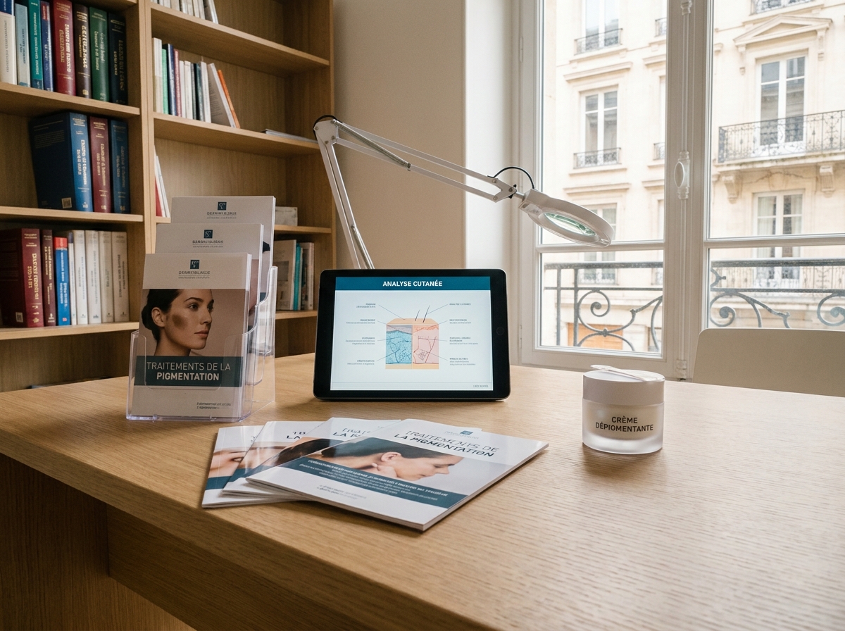 Bureau de consultation dermatologique à Lyon avec matériel d'information sur le traitement des taches pigmentaires
