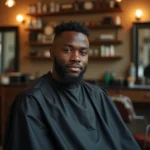 Homme aux cheveux bouclés avec une coupe buzz cut fraîche assis dans un fauteuil de barbier moderne