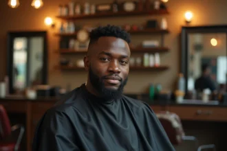 Homme aux cheveux bouclés avec une coupe buzz cut fraîche assis dans un fauteuil de barbier moderne