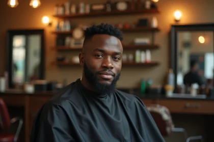 Homme aux cheveux bouclés avec une coupe buzz cut fraîche assis dans un fauteuil de barbier moderne