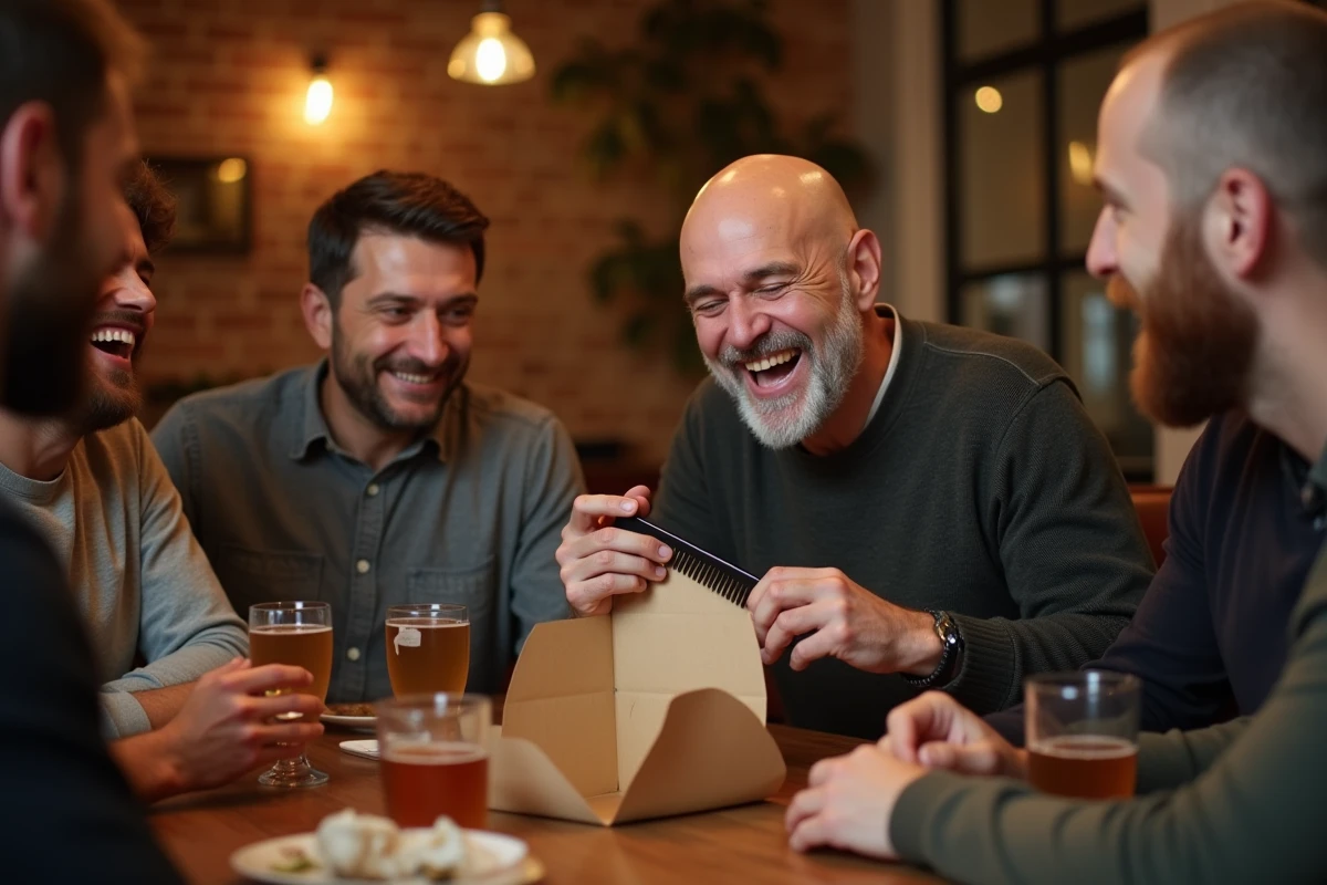 Homme chauve recevant un peigne cadeau humoristique lors d'un repas entre amis
