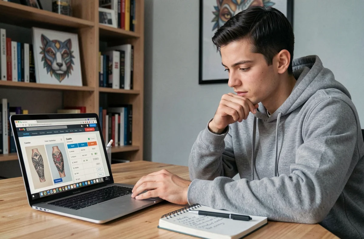 Homme utilisant une calculette de coût de tatouage en ligne sur son ordinateur portable