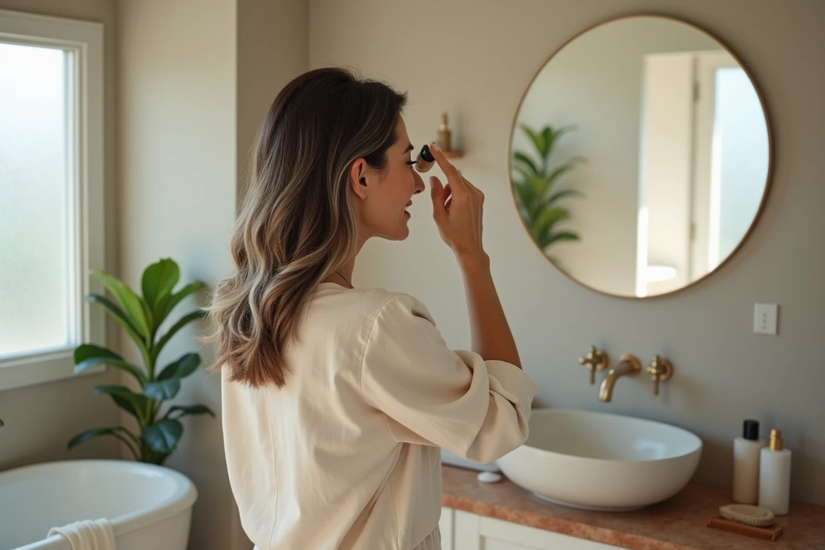 Femme appliquant un soin capillaire maison pour camoufler élégamment ses racines grises en transition