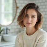 Femme aux cheveux fins coiffée d'un carré dégradé avec volume au sommet du crâne, vue de trois quarts dans une salle de bain scandinave épurée