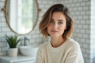Femme aux cheveux fins coiffée d'un carré dégradé avec volume au sommet du crâne, vue de trois quarts dans une salle de bain scandinave épurée