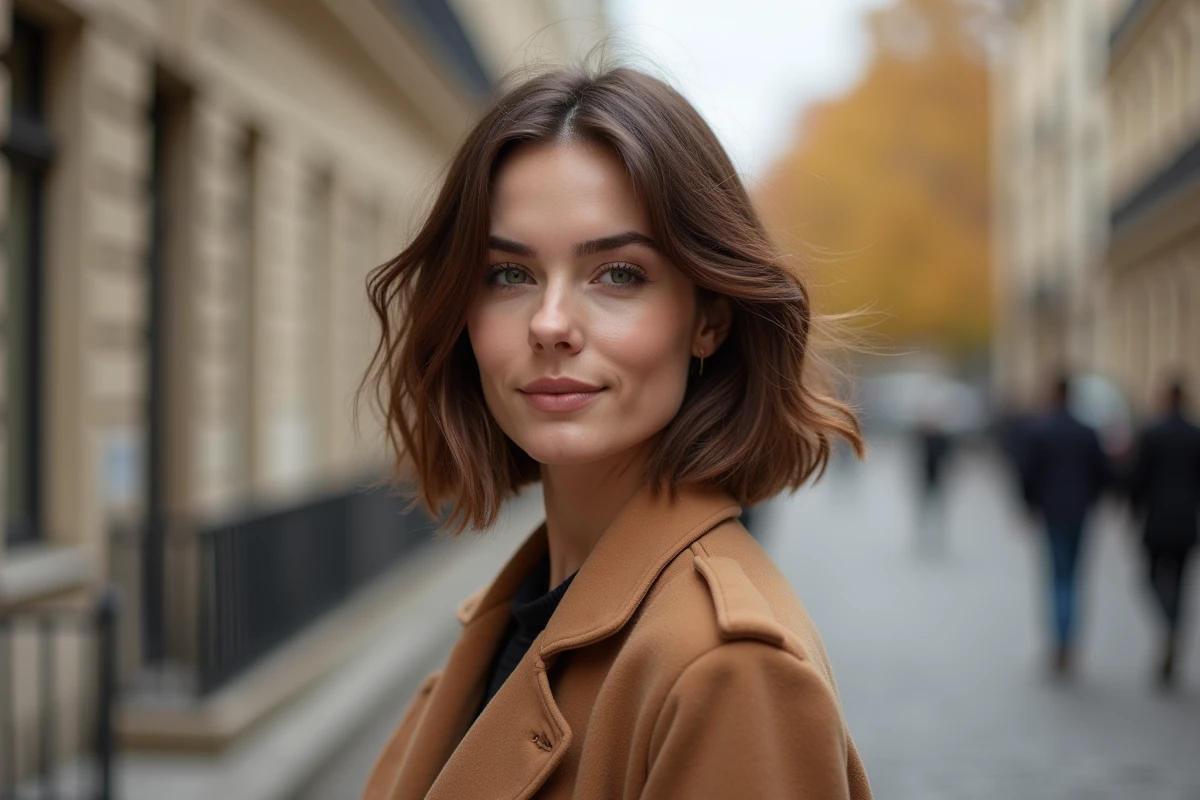 Jeune femme avec un carré dégradé sur cheveux fins coiffé en extérieur dans une rue parisienne en automne, manteau camel et allure naturelle