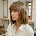 Femme aux cheveux fins avec un carré plongeant et une frange rideau dans un salon de coiffure parisien