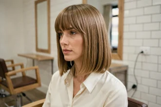 Femme aux cheveux fins avec un carré plongeant et une frange rideau dans un salon de coiffure parisien