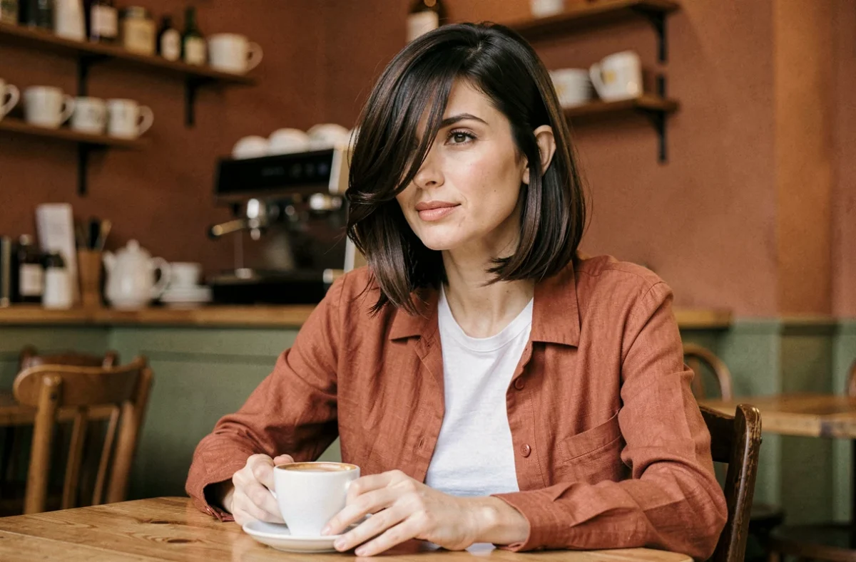 Femme aux cheveux fins châtains avec carré plongeant et frange balayée latérale dans un café parisien
