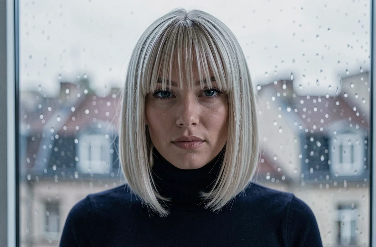 Carré plongeant avec frange droite effilée sur cheveux fins blonds cendré, portrait urbain contemporain