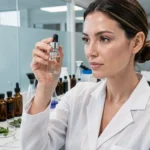 Chercheuse en cosmétique examinant une essence innovante en flacon compte-gouttes dans un laboratoire moderne en 2026