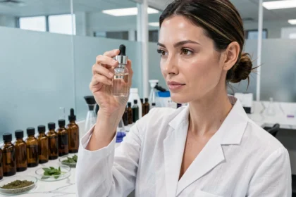 Chercheuse en cosmétique examinant une essence innovante en flacon compte-gouttes dans un laboratoire moderne en 2026