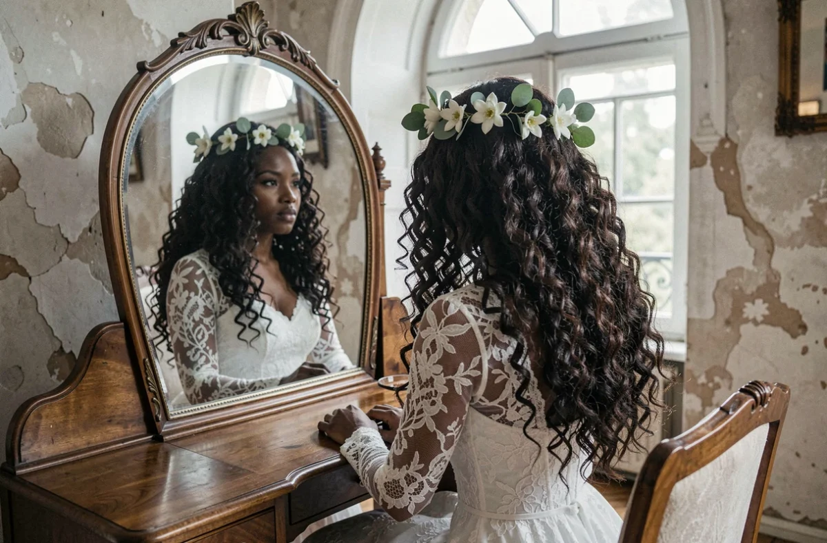 Mariée aux longs cheveux bouclés naturels et couronne florale devant un miroir de boudoir