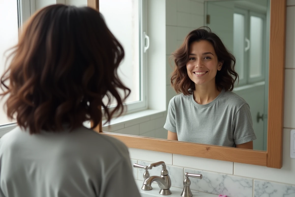 Femme aux cheveux épais mi-longs dégradés se regardant dans un miroir de salle de bain