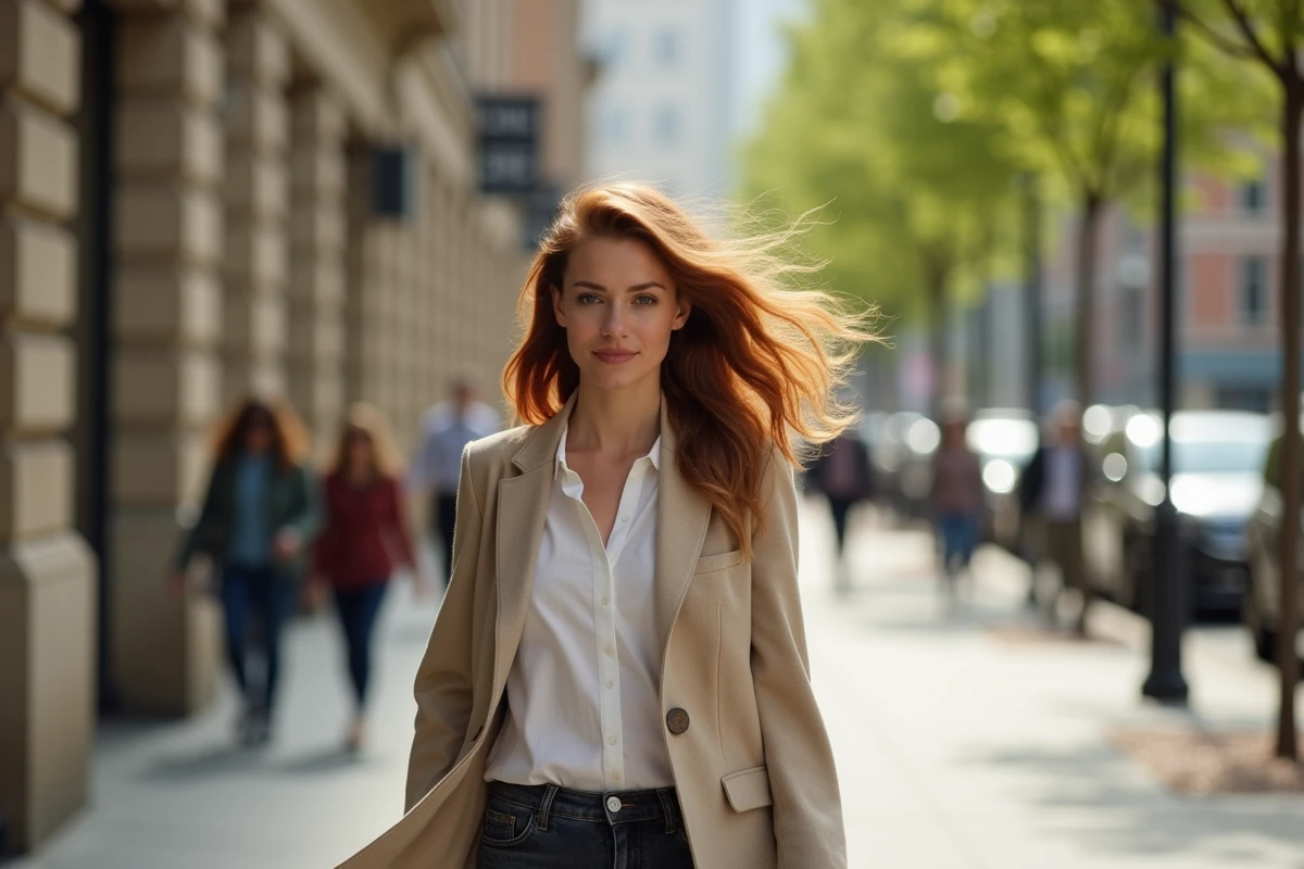 Femme aux cheveux épais mi-longs ondulés avec coupe allégée marchant en ville