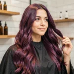 Femme aux cheveux violine foncé brillants et sains dans un salon de coiffure moderne, couleur aubergine profonde sans dommages