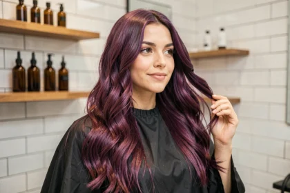 Femme aux cheveux violine foncé brillants et sains dans un salon de coiffure moderne, couleur aubergine profonde sans dommages
