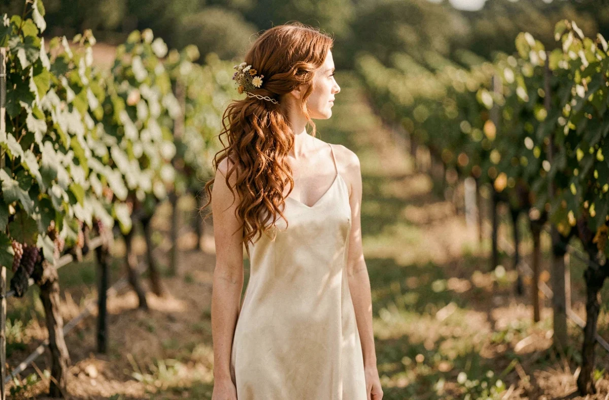 Mariée aux cheveux bouclés auburn en chignon bas avec fleurs séchées dans un vignoble